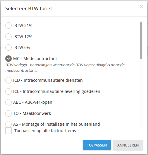 BTW tarief selectie